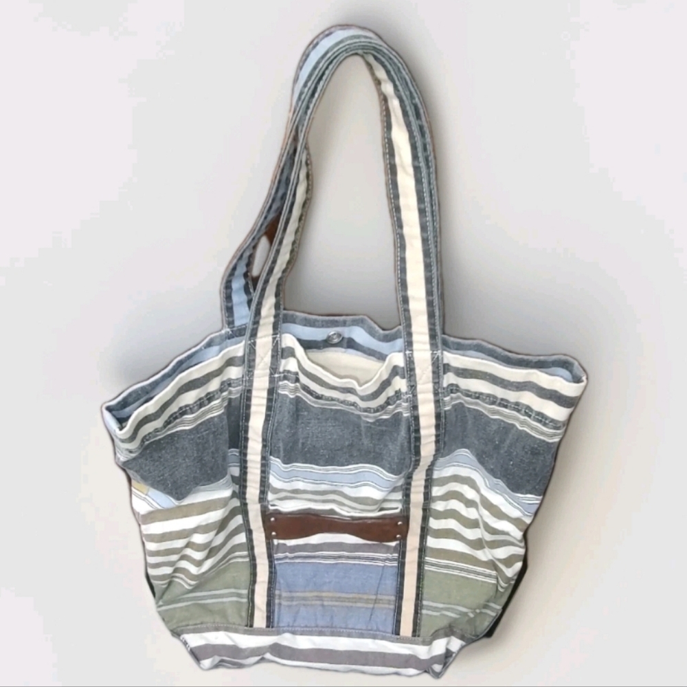 BCBGMAXARIZIA XL Canvas Lined Beach Bag Inner Pockets Blue Tan Boho Leather Trim